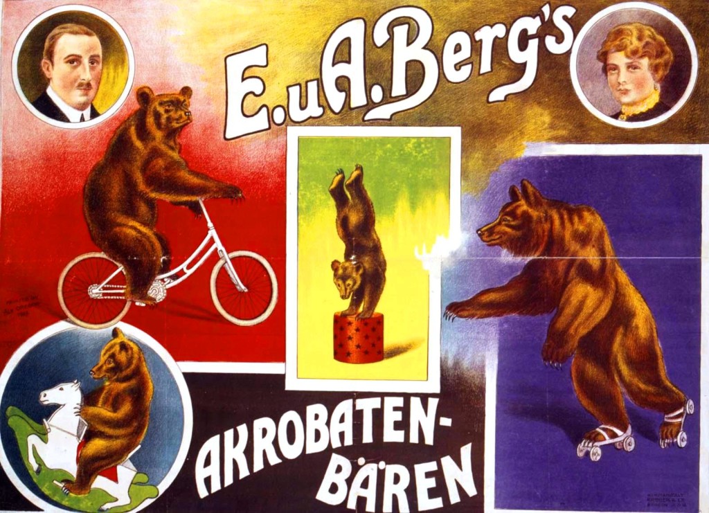 Vintage French circus poster. Dancing bears, roller skating bears, bike riding bears. Scan of 2 d image in the public domain believed to be free to use without restriction in the US.