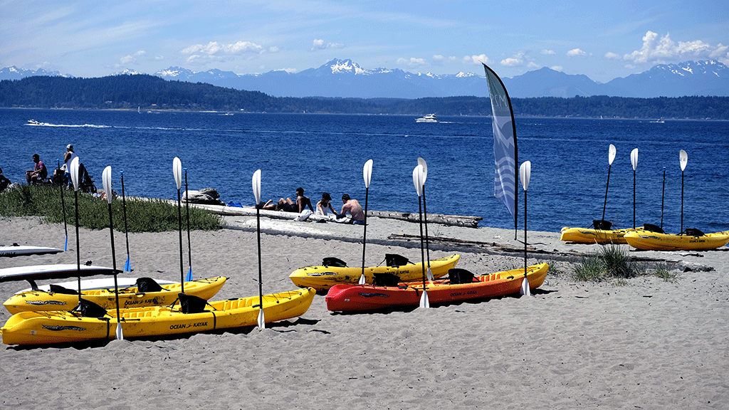 Kayaks for rent on the sand at Alki Beach