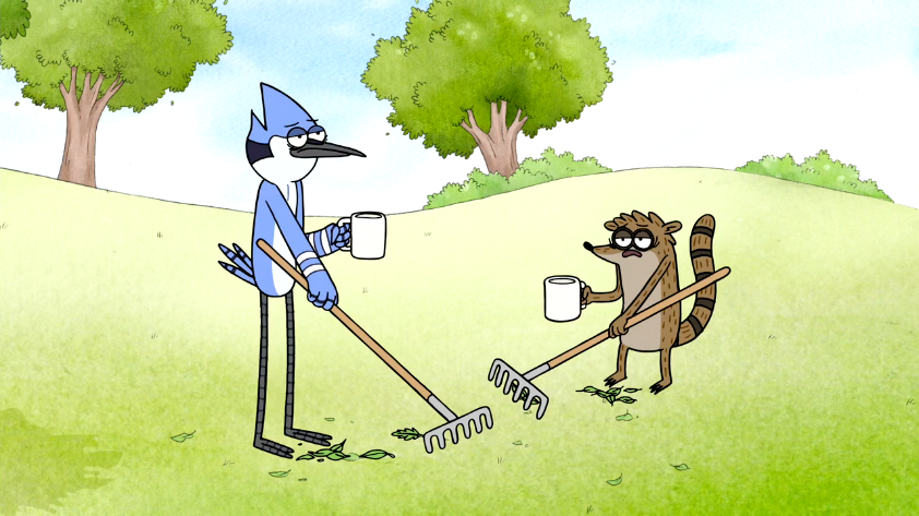 Rigby and Mordecai raking leaves and drinking coffee (Cartoon Network)